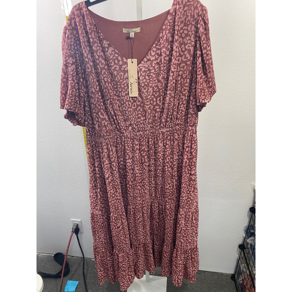 Le Serein Mauve Leopard Print Pleated Tiered Midi Dress Plus Size 3X NWT